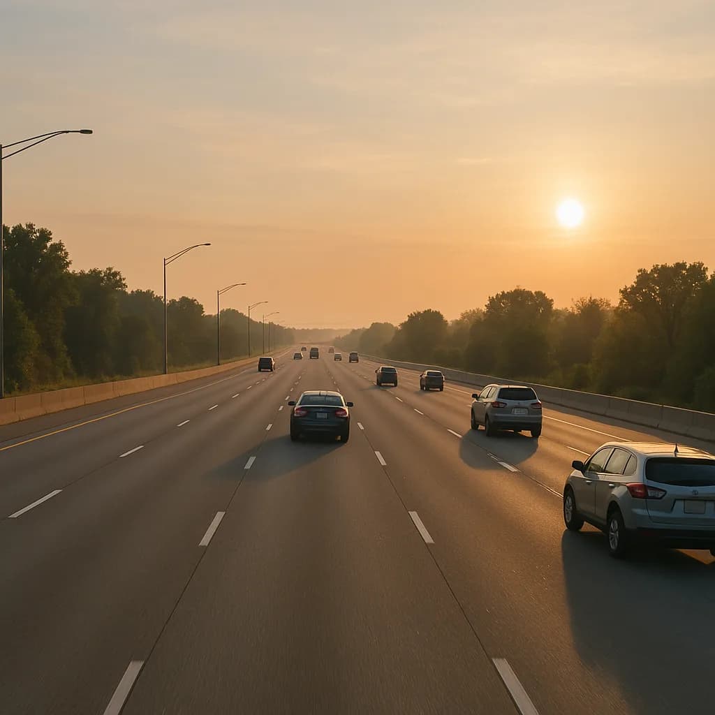Highway with cars driving during golden hour sunset with hazy orange sky and trees lining both sides