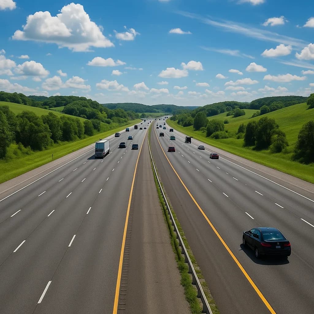 Aerial view of multi-lane highway through green rolling hills with scattered traffic under blue sky