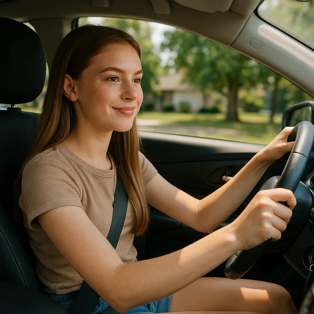 Young woman smiling while driving a car in a residential neighborhood on a sunny day