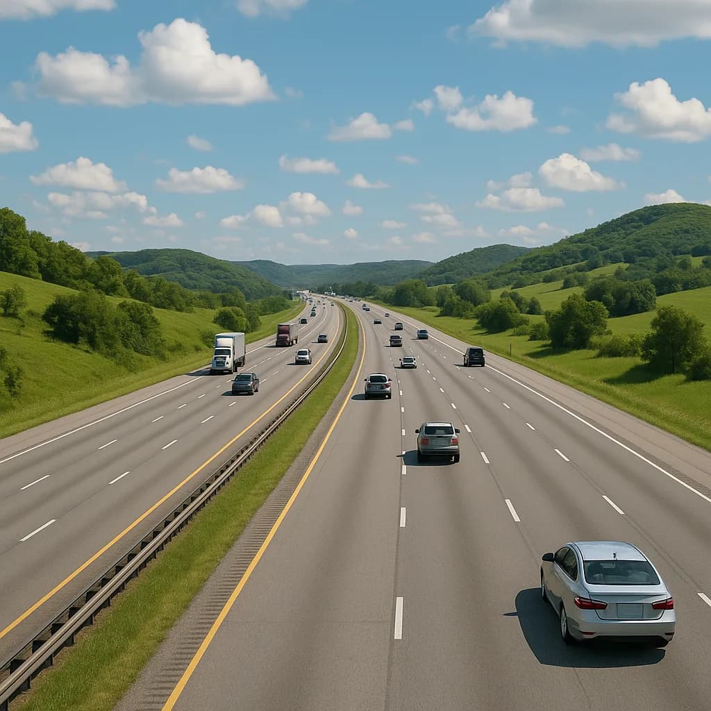 Multi-lane highway with cars and trucks traveling through green rolling hills under blue sky with white clouds