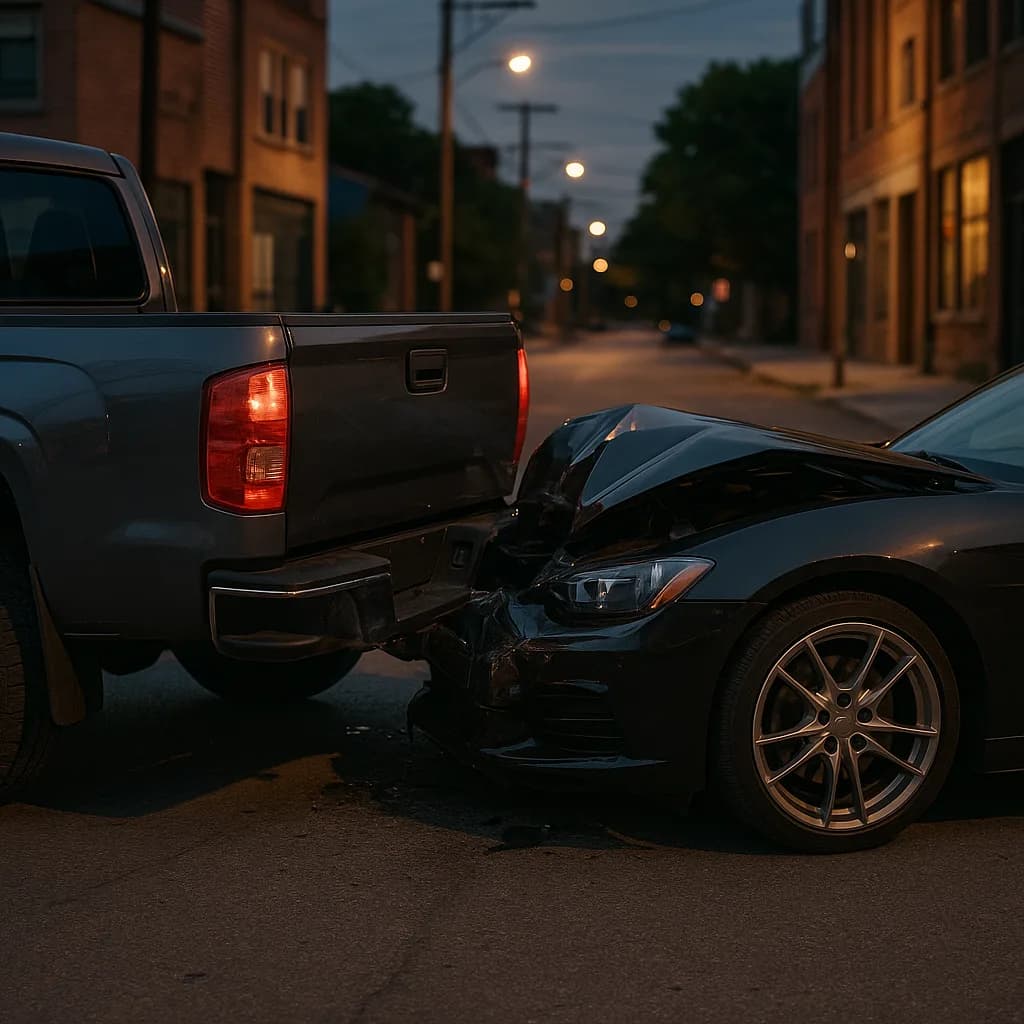 Two cars in collision at dusk on city street, showing damaged front end of sedan against pickup truck bumper