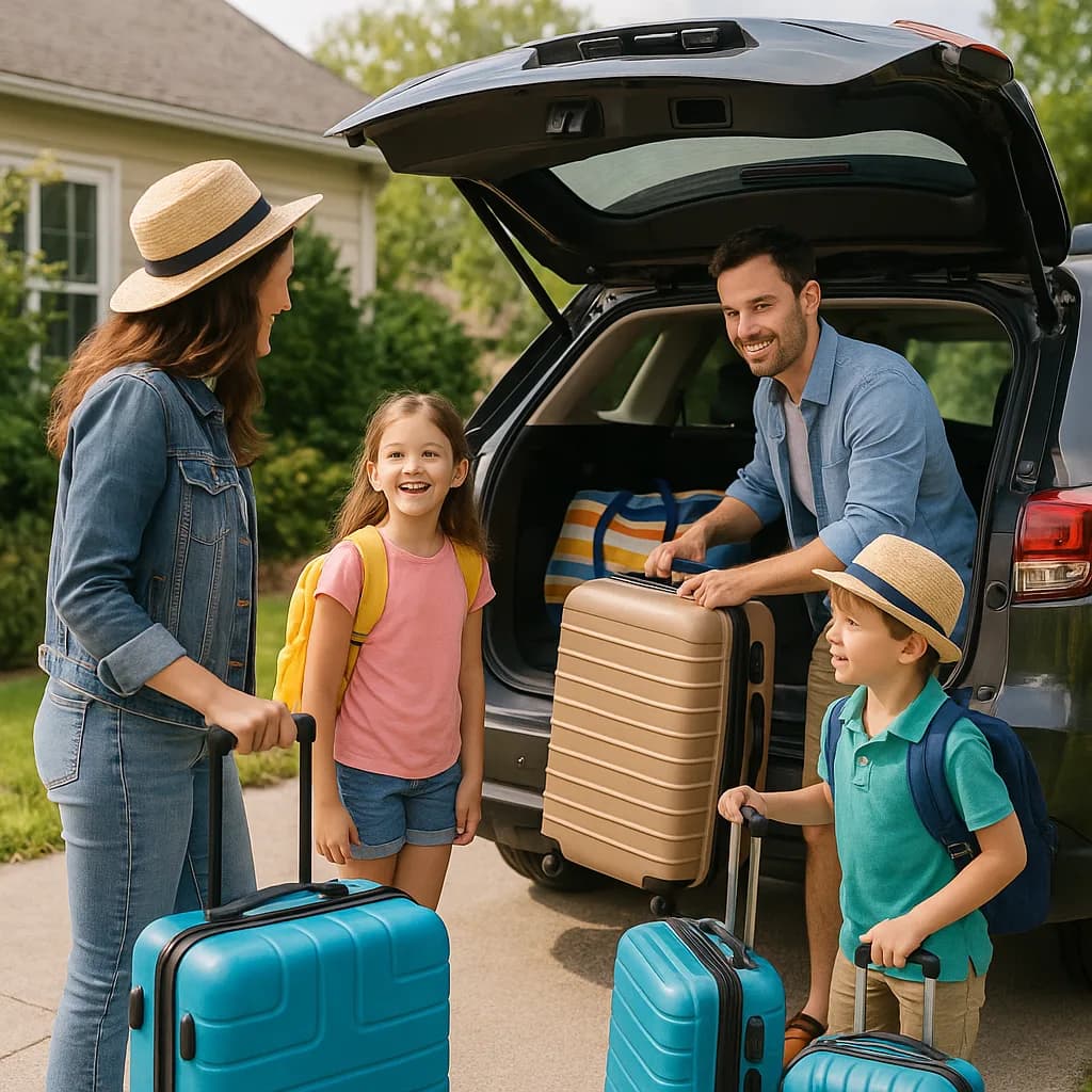 Happy family loading colorful suitcases into SUV trunk for vacation trip in driveway