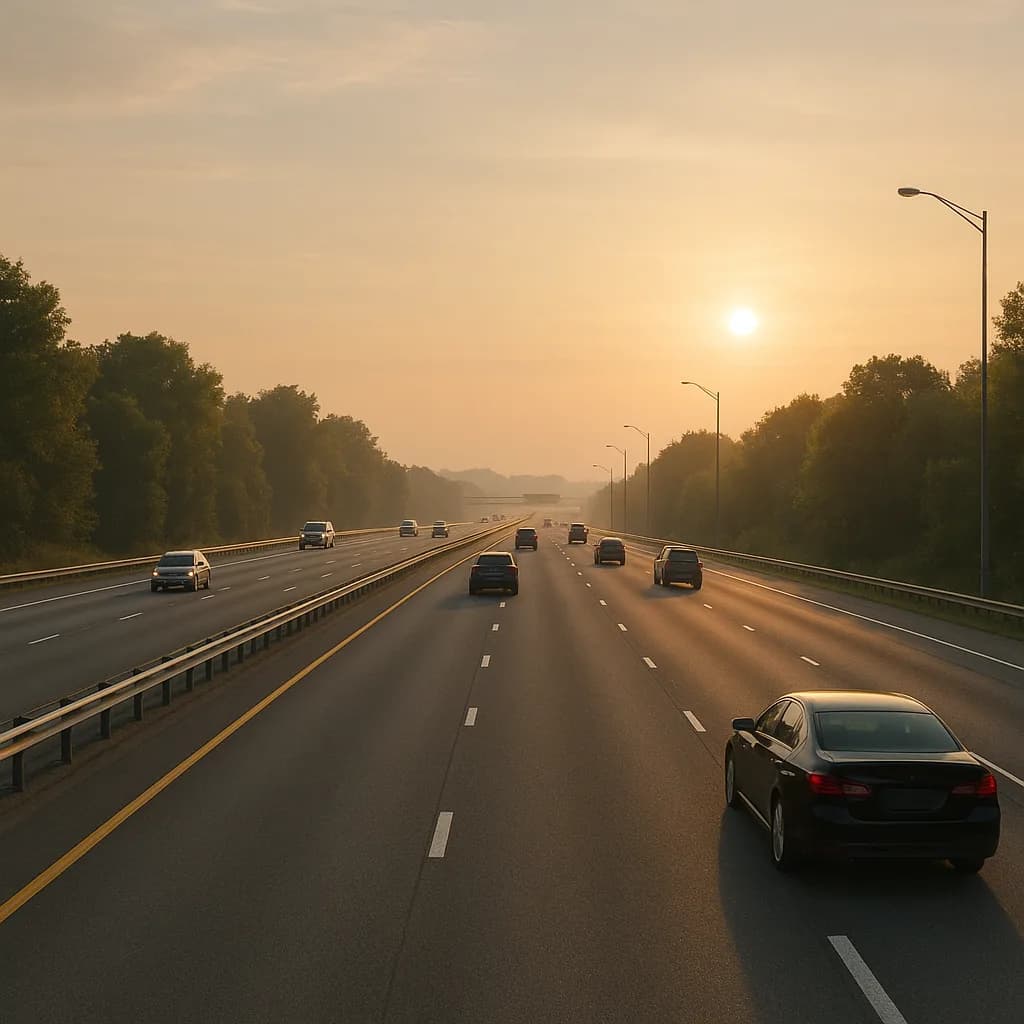 Highway with cars during hazy golden hour sunset with trees lining both sides