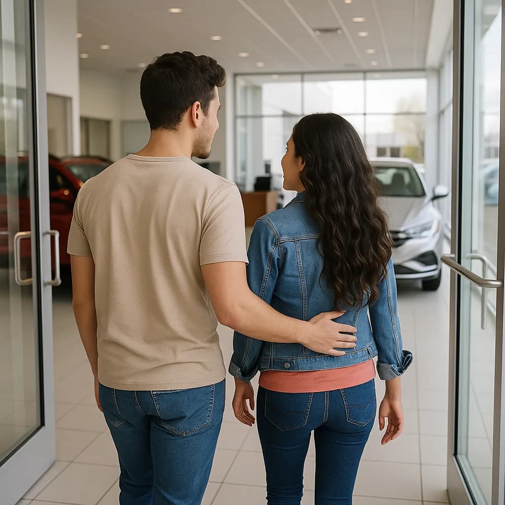Couple entering car dealership showroom together, viewed from behind with vehicles displayed inside