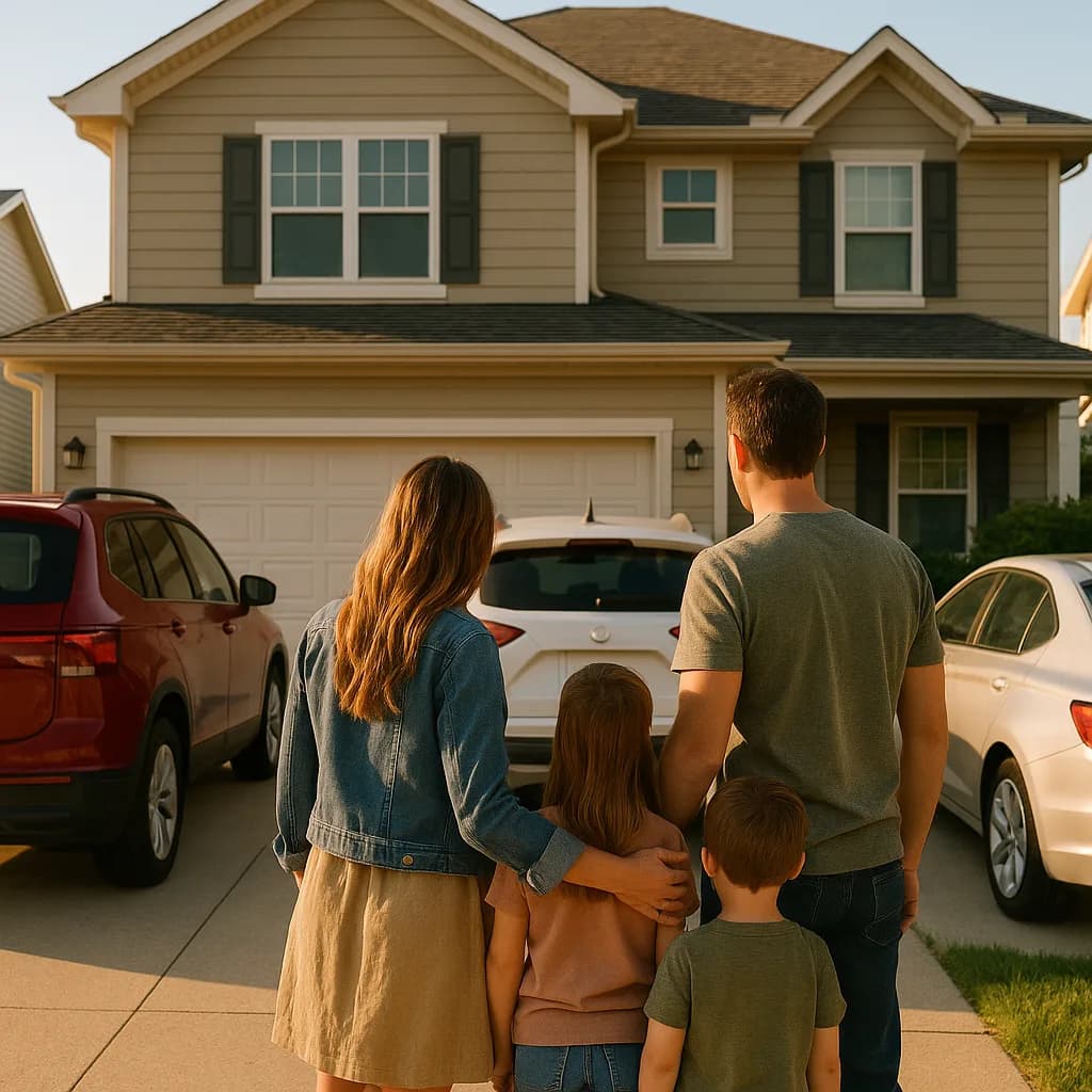 Family of four standing in driveway looking at their suburban two-story home with beige siding and green shutters