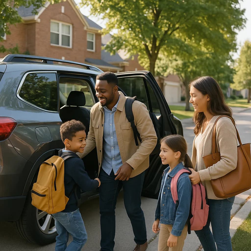 Family with backpacks standing by SUV in suburban driveway preparing for school