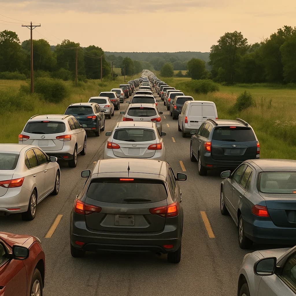 Heavy traffic jam on rural highway with cars stopped bumper-to-bumper stretching into distance