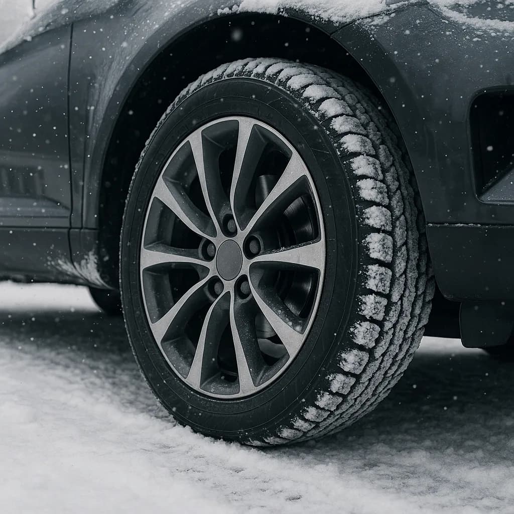 Close-up of car wheel with snow on tire treads during winter snowfall