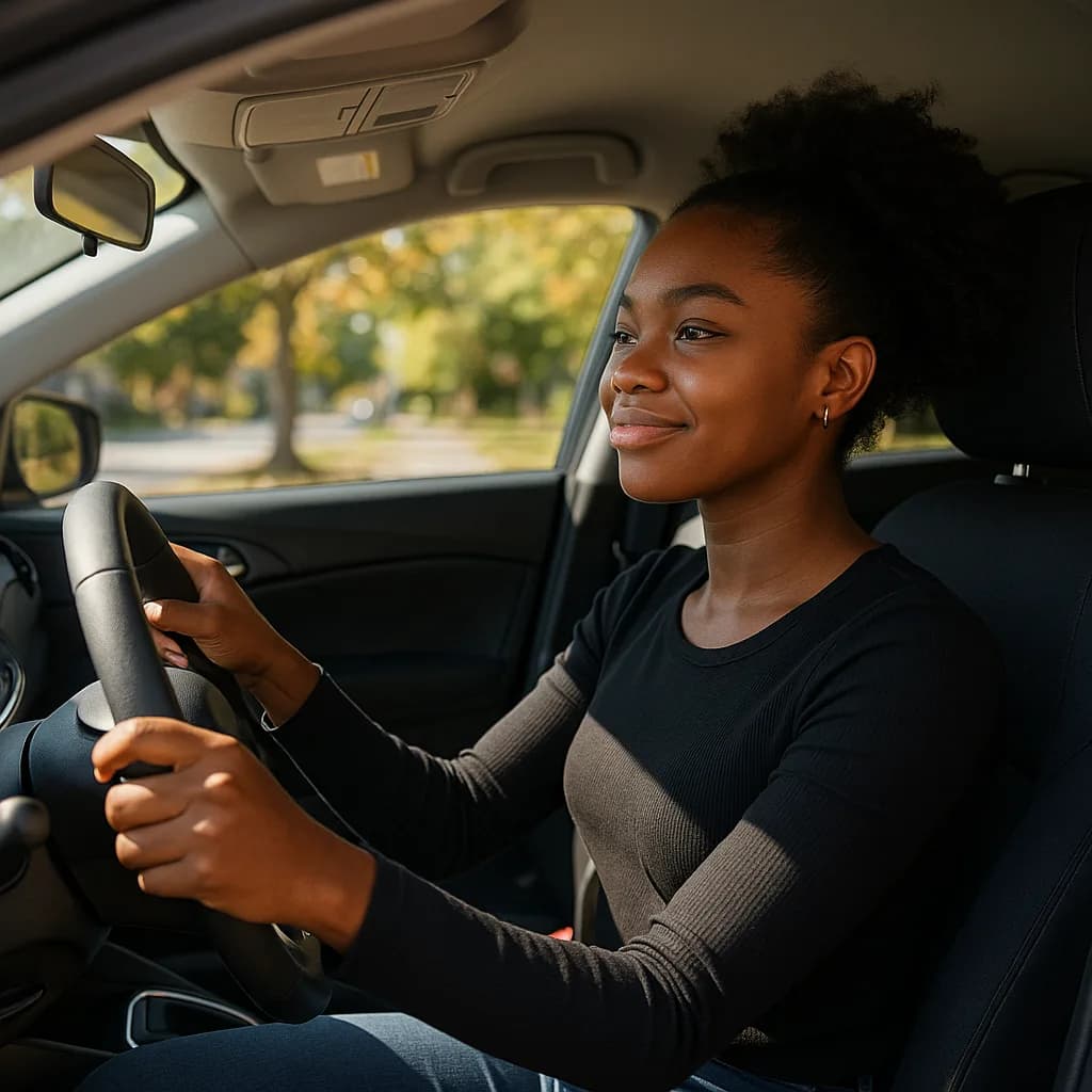 Young woman smiling while driving a car, wearing seatbelt with trees visible through window