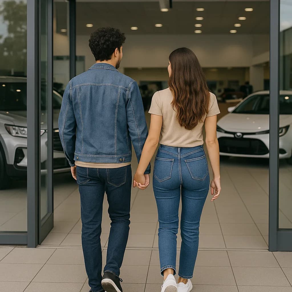 Couple holding hands walking into car dealership showroom viewing luxury vehicles