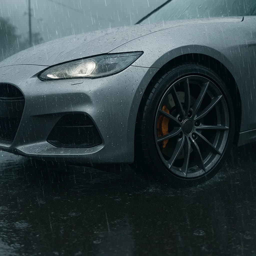 Gray sports car front detail with rain droplets on headlight and wheel in wet weather conditions