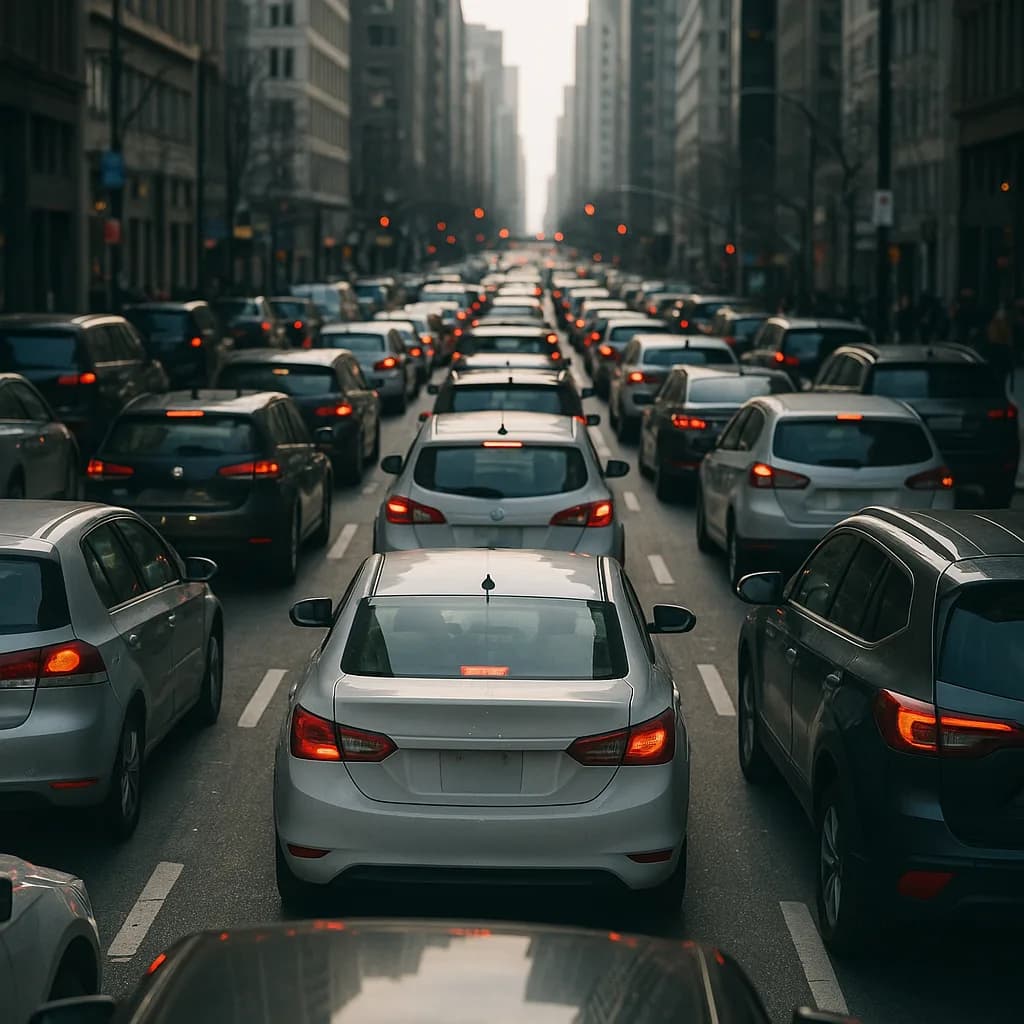 Heavy traffic congestion with cars stopped bumper-to-bumper on a busy city street during rush hour