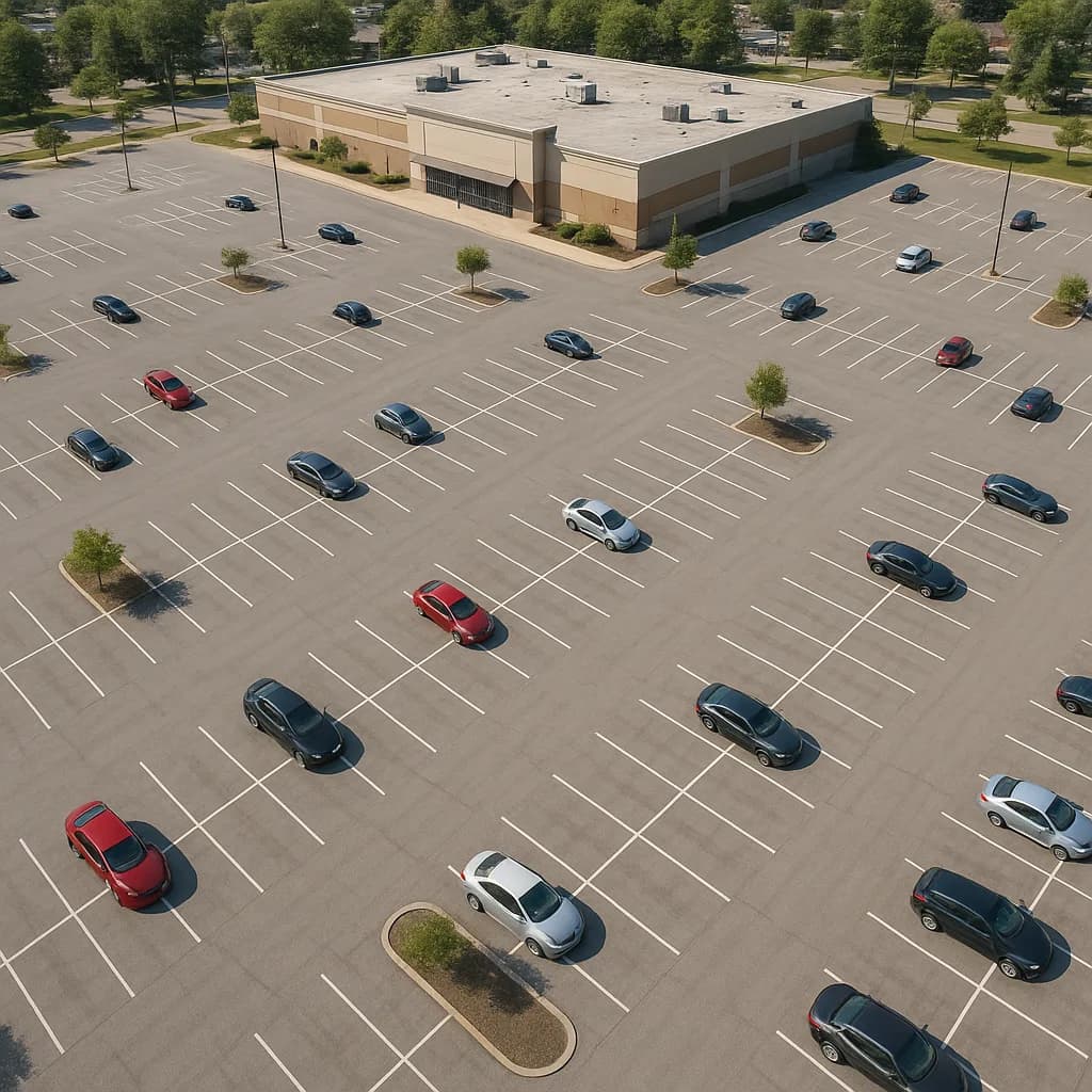 Aerial view of parking lot with scattered cars and commercial building